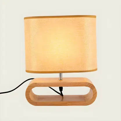 Bedside Wood LED Plug In Table Lamp in Fabric Shade Image - 2