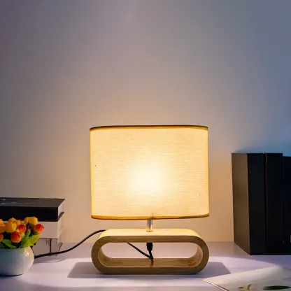 Bedside Wood LED Plug In Table Lamp in Fabric Shade Image - 3