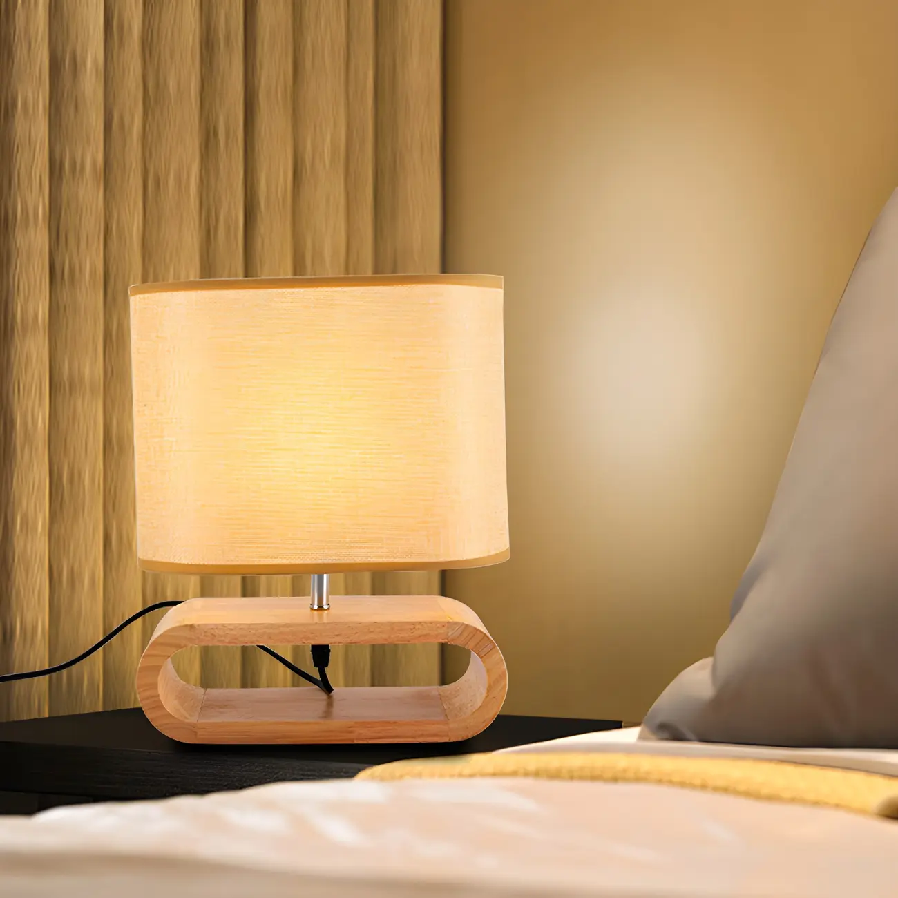 Bedside Wood LED Plug In Table Lamp in Fabric Shade Image - 4 | homeyfad