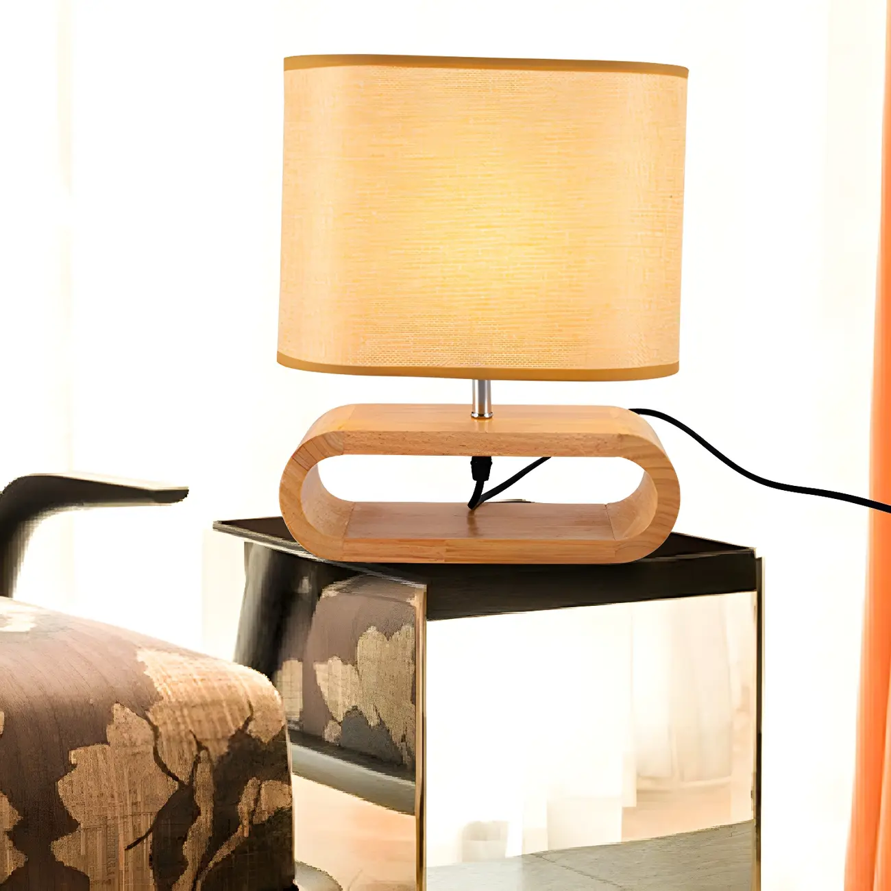 Bedside Wood LED Plug In Table Lamp in Fabric Shade Image - 8 | homeyfad