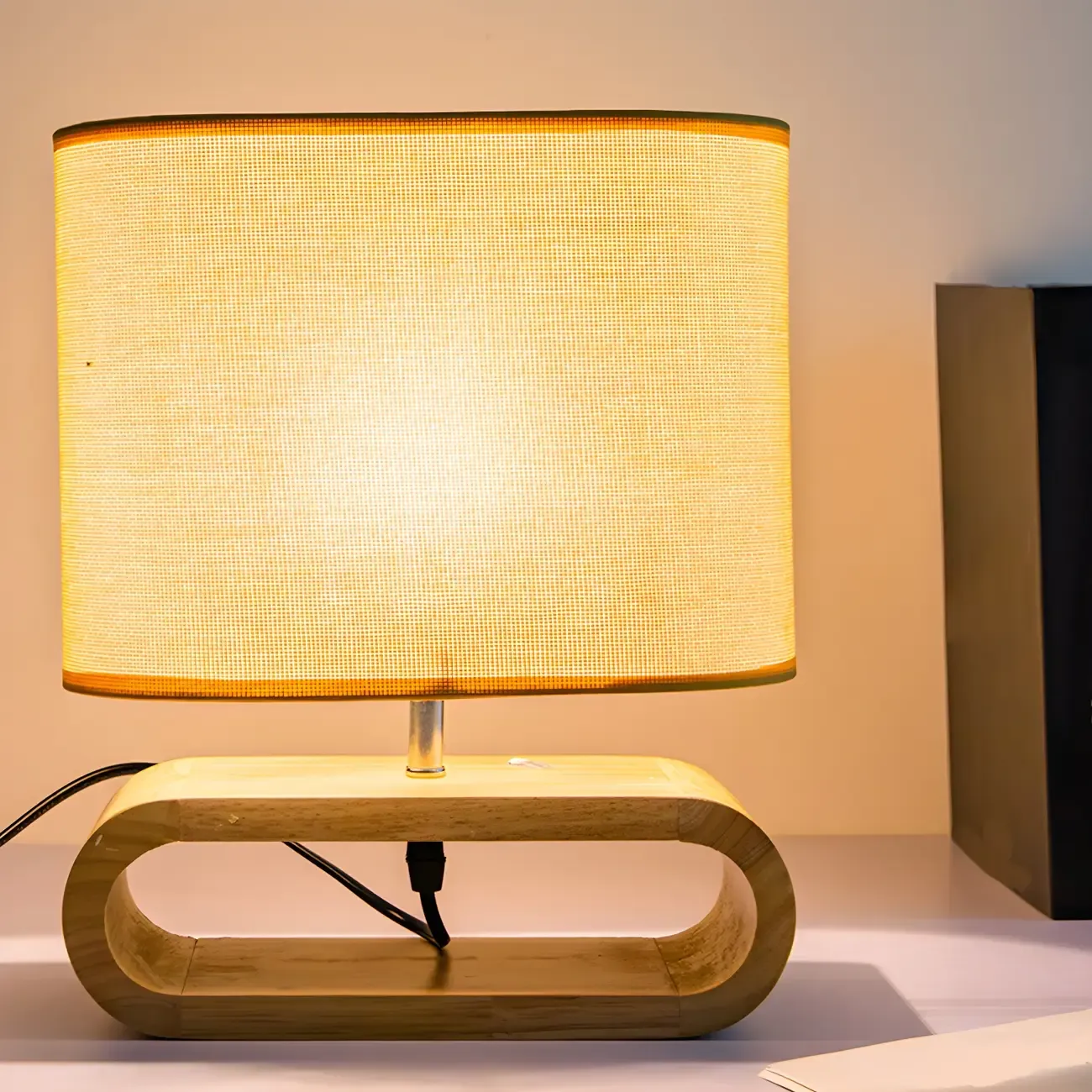 Bedside Wood LED Plug In Table Lamp in Fabric Shade Image - 9