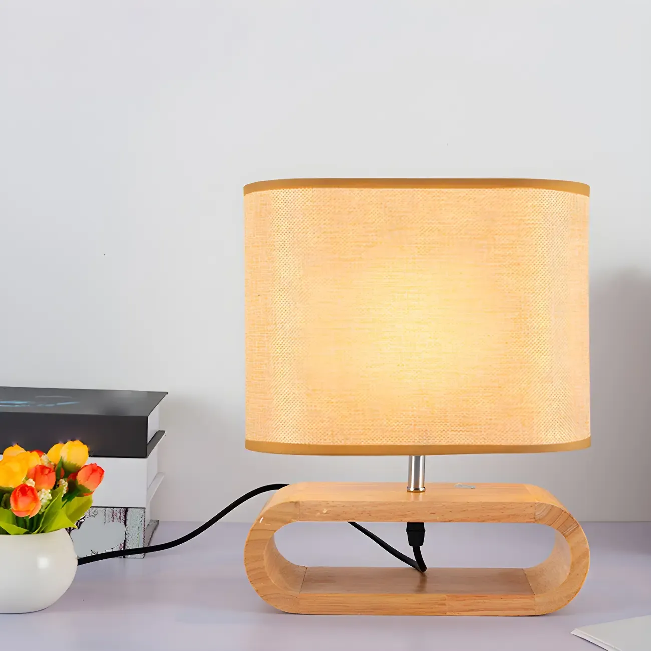 Bedside Wood LED Plug In Table Lamp in Fabric Shade Image - 11