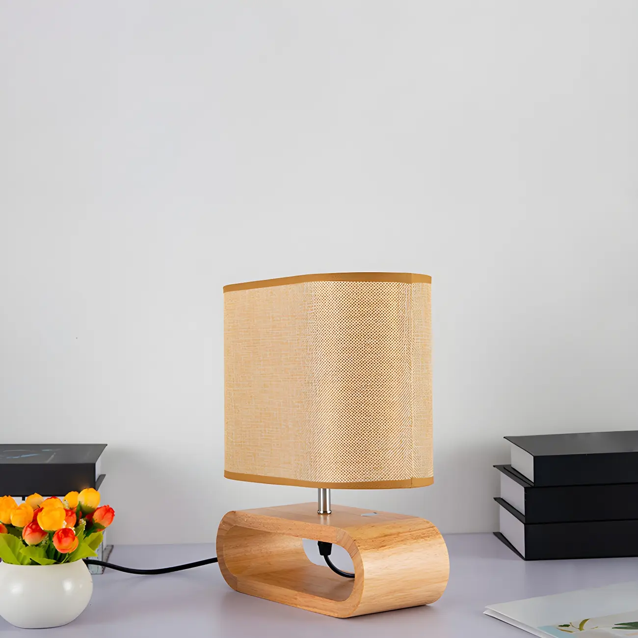 Bedside Wood LED Plug In Table Lamp in Fabric Shade Image - 12 | homeyfad