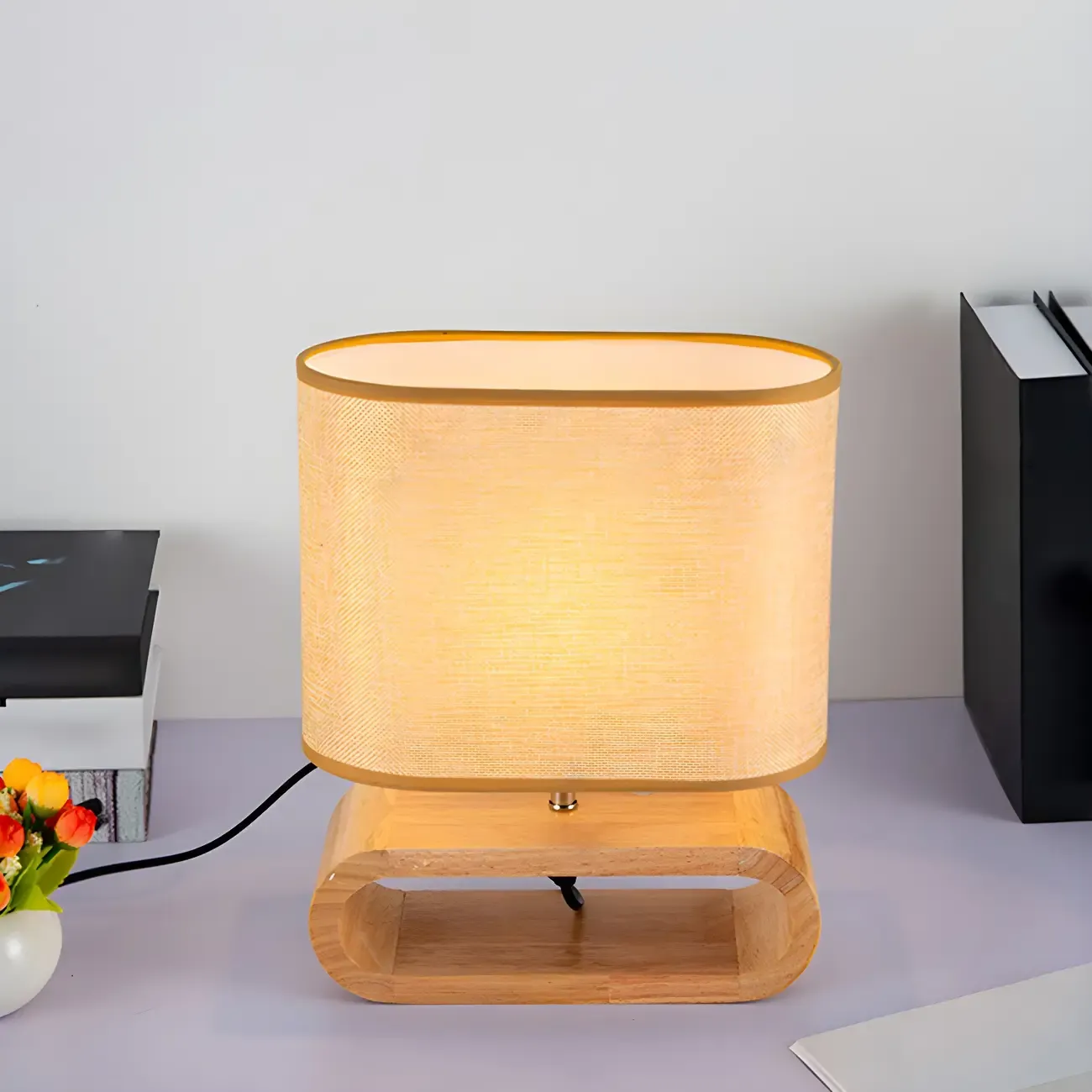 Bedside Wood LED Plug In Table Lamp in Fabric Shade Image - 13