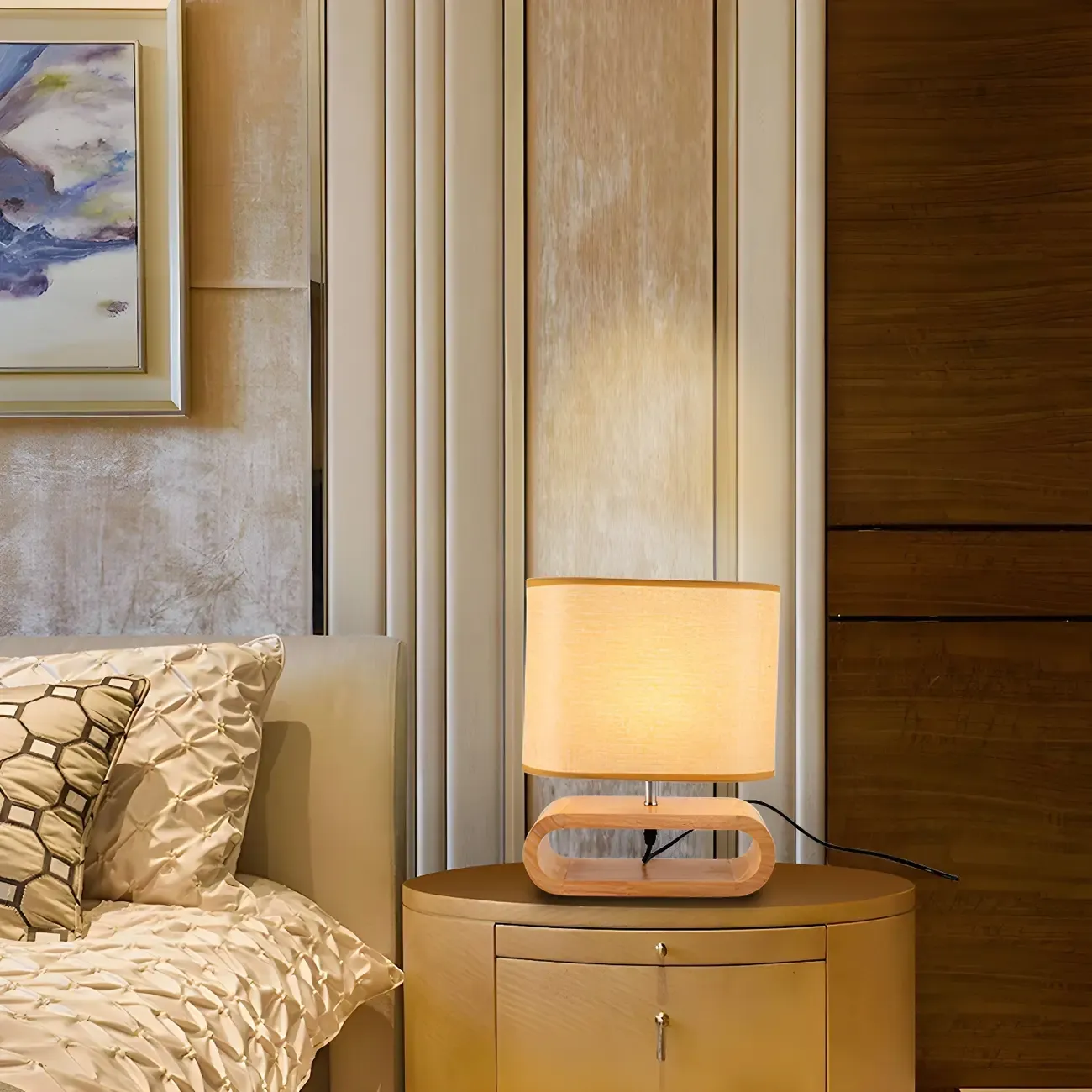 Bedside Wood LED Plug In Table Lamp in Fabric Shade Image - 14