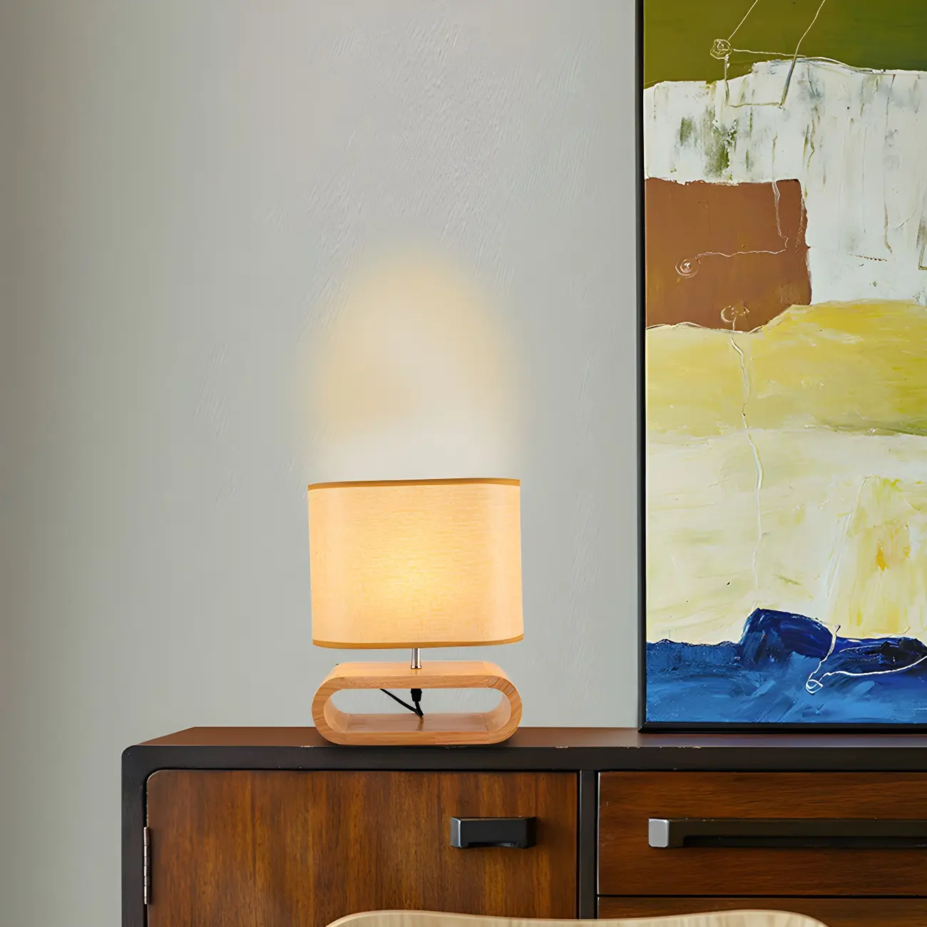 Bedside Wood LED Plug In Table Lamp in Fabric Shade Image - 15 | homeyfad