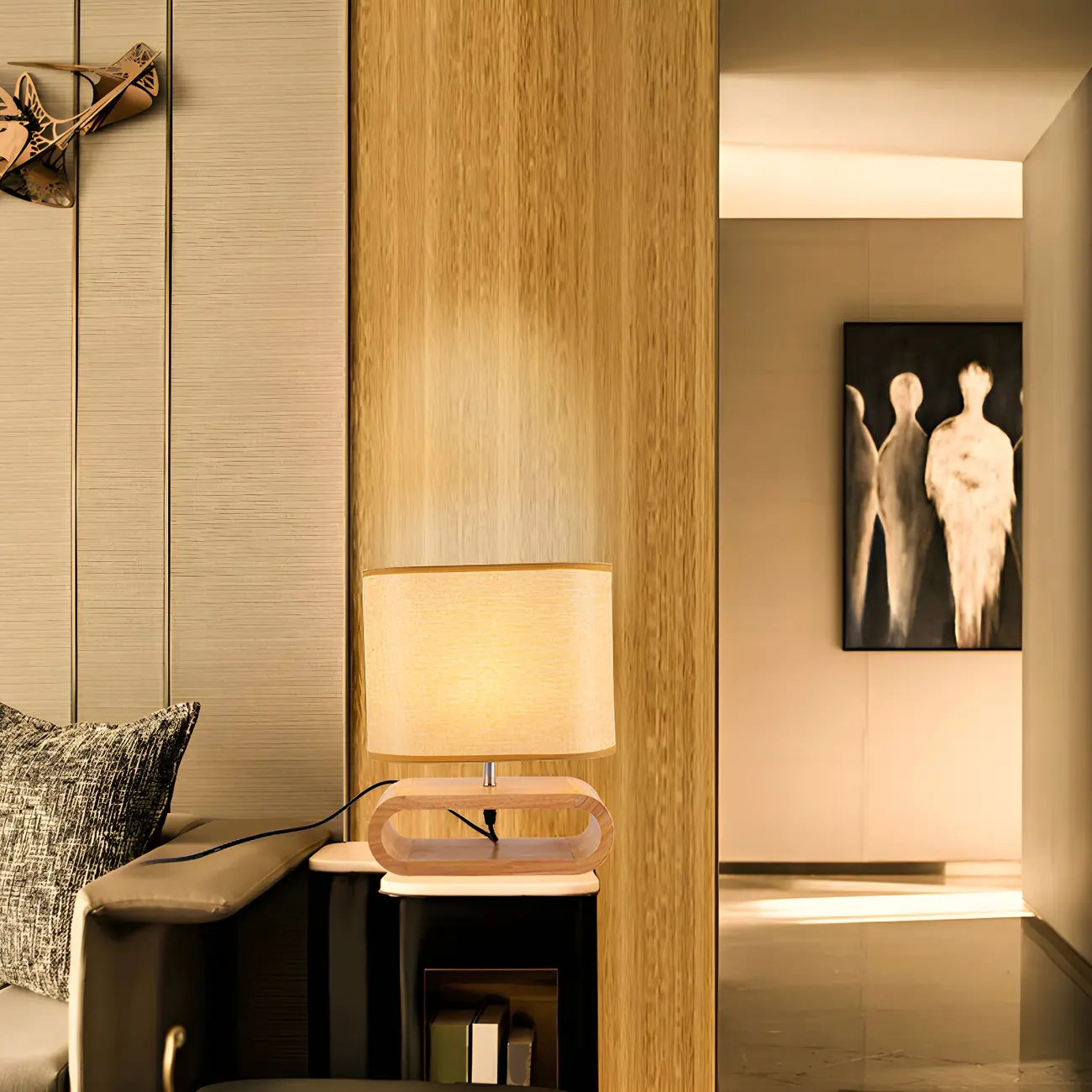 Bedside Wood LED Plug In Table Lamp in Fabric Shade Image - 16 | homeyfad