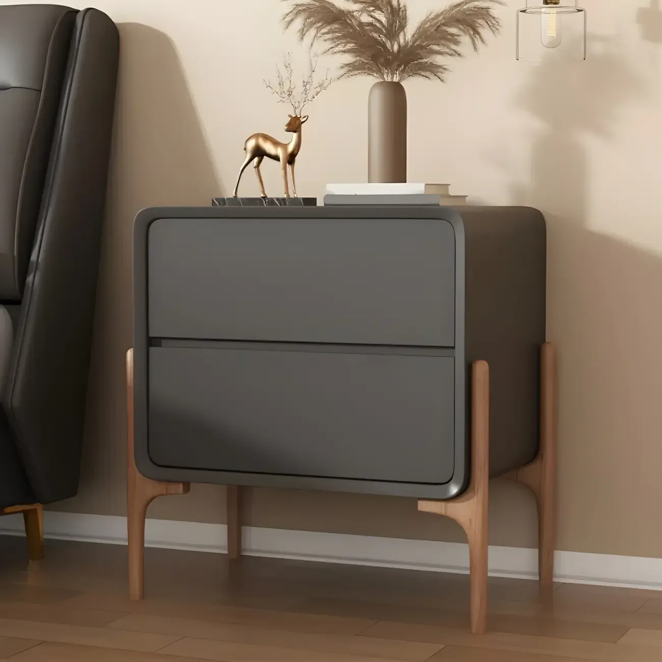 Morandi Cubic Leather Wood Small Bedside Table Image - 2