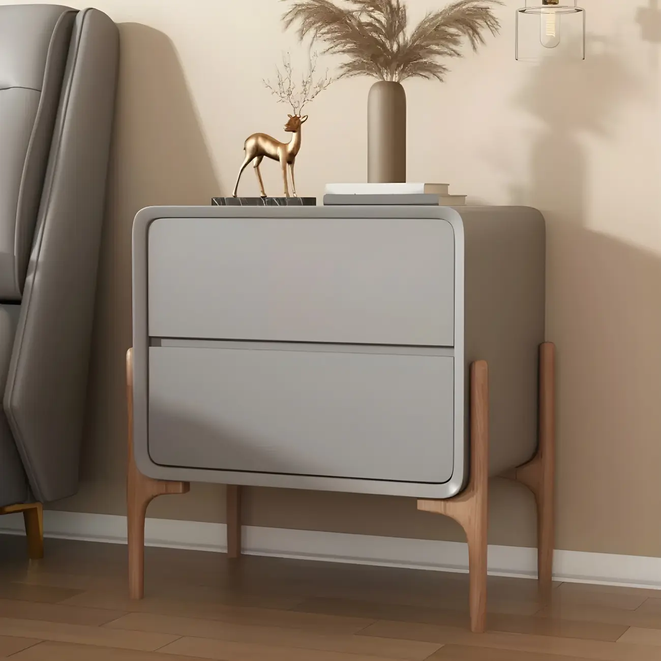 Morandi Cubic Leather Wood Small Bedside Table Image - 4 | homeyfad