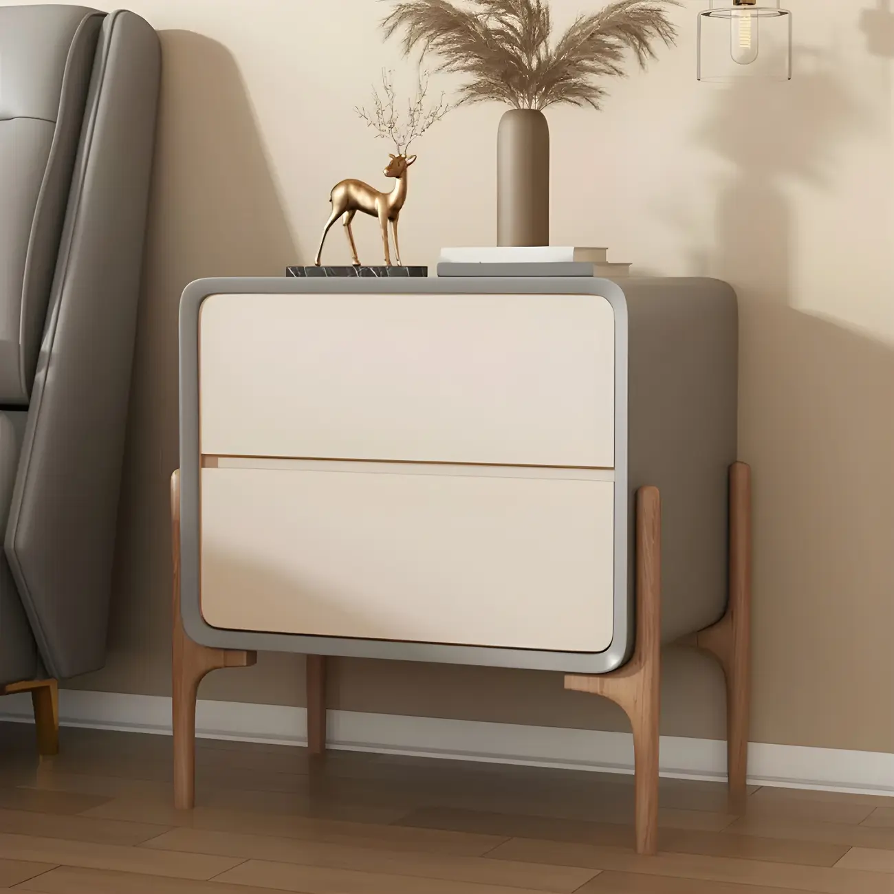 Morandi Cubic Leather Wood Small Bedside Table Image - 5 | homeyfad