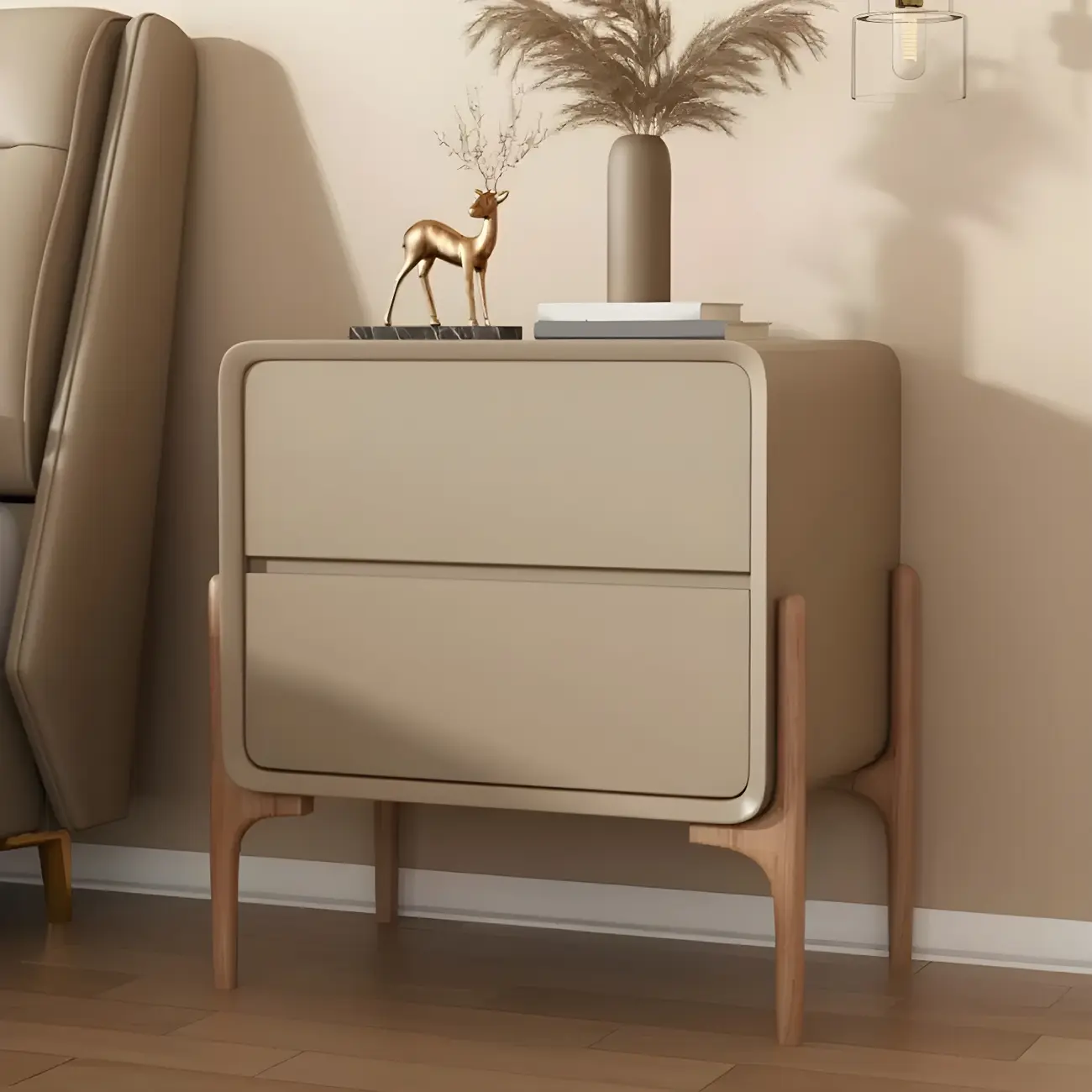 Morandi Cubic Leather Wood Small Bedside Table Image - 6 | homeyfad