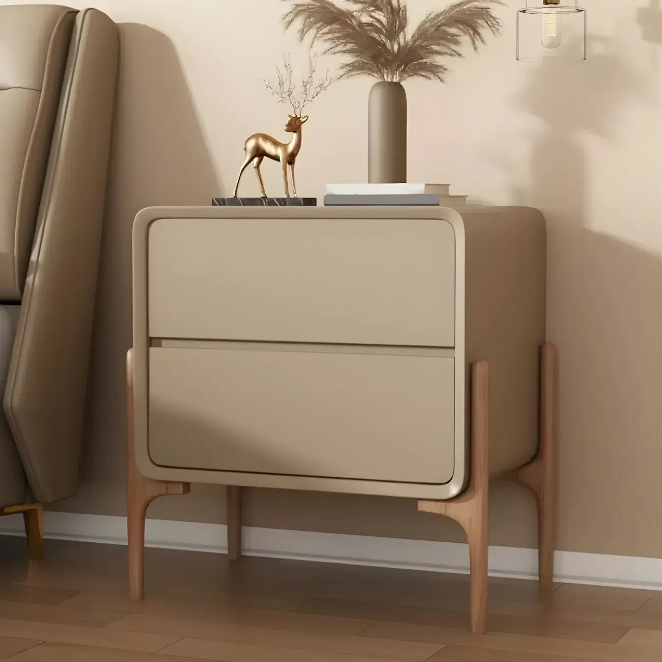 Morandi Cubic Leather Wood Small Bedside Table Image - 6