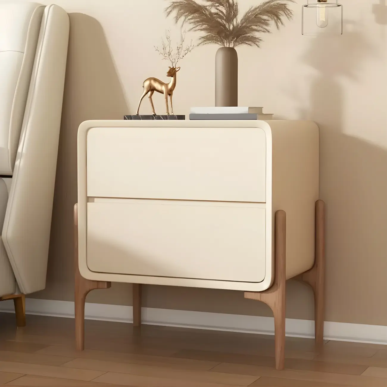 Morandi Cubic Leather Wood Small Bedside Table Image - 7 | homeyfad