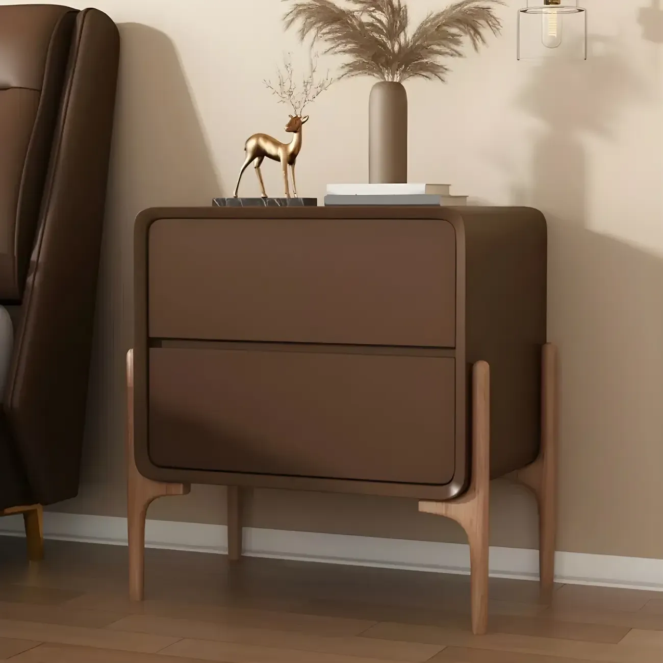 Morandi Cubic Leather Wood Small Bedside Table Image - 8