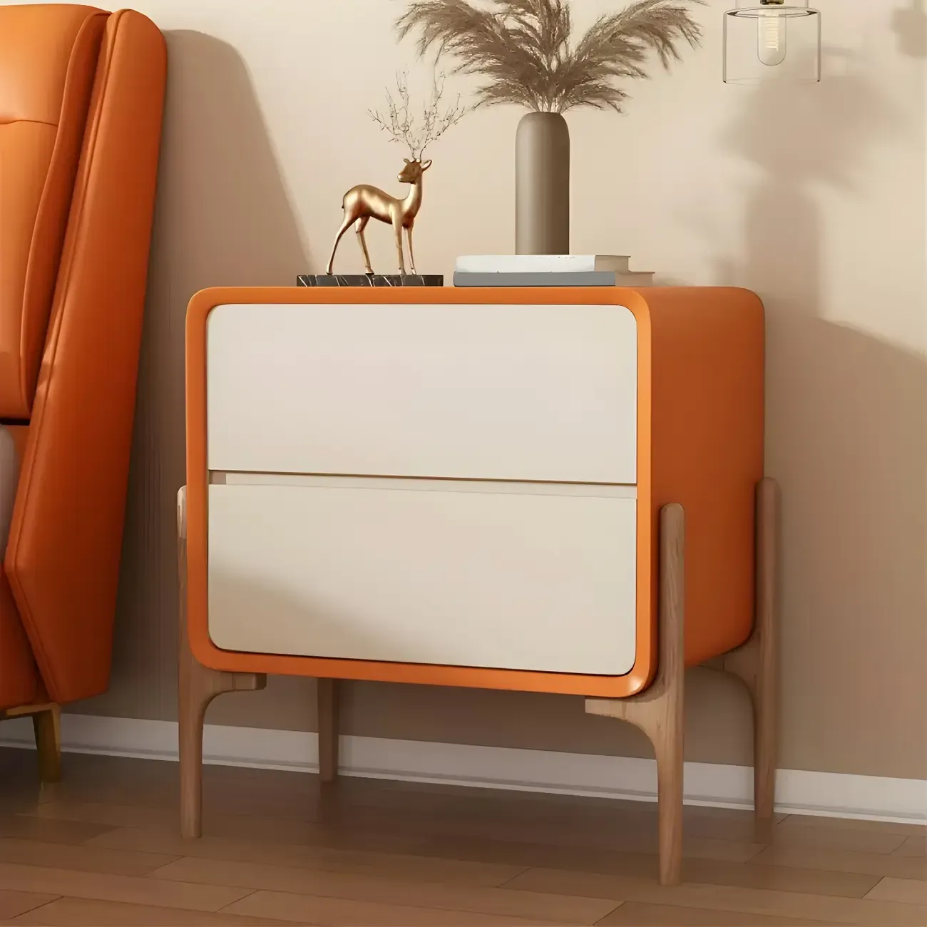 Morandi Cubic Leather Wood Small Bedside Table Image - 3