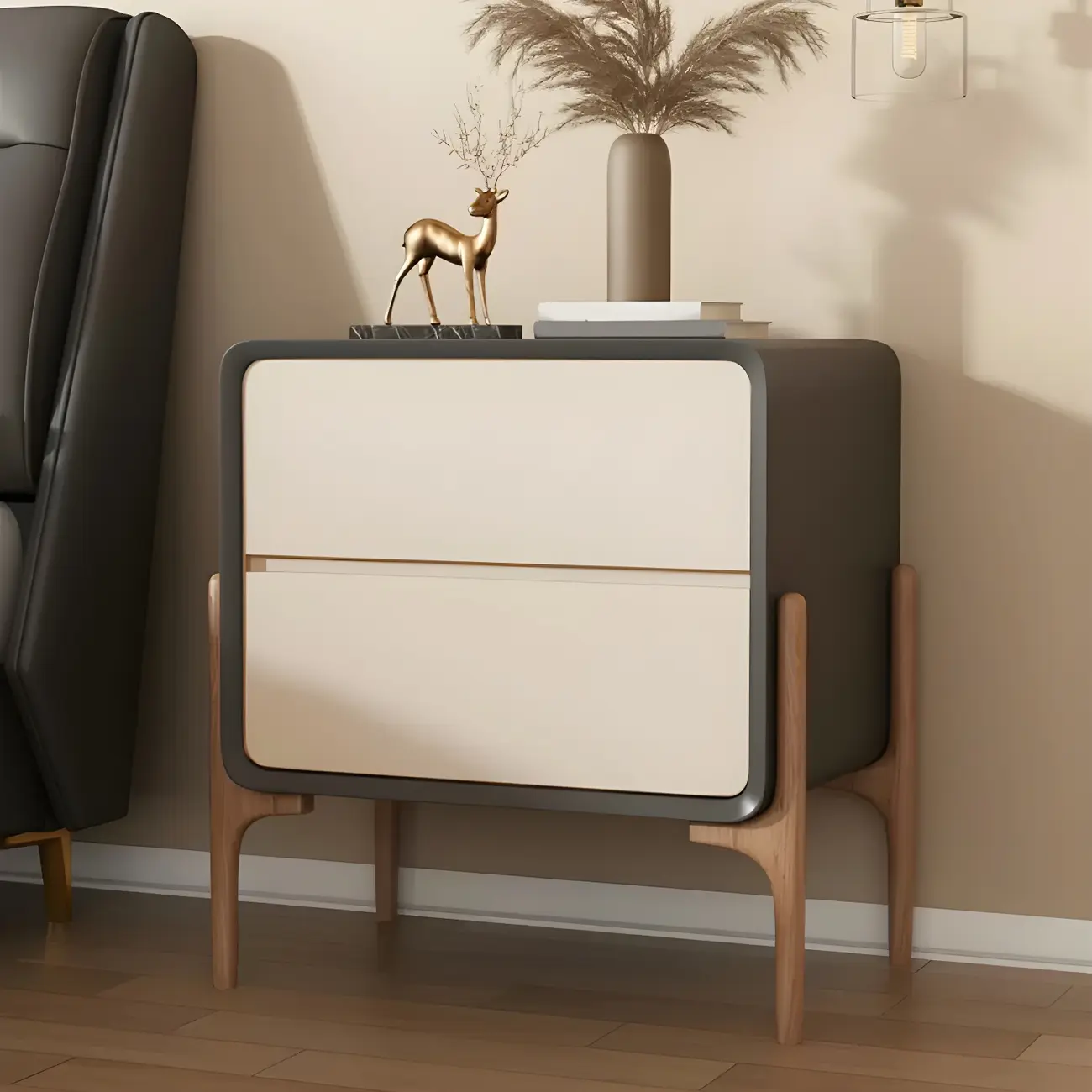 Morandi Cubic Leather Wood Small Bedside Table Image - 10 | homeyfad