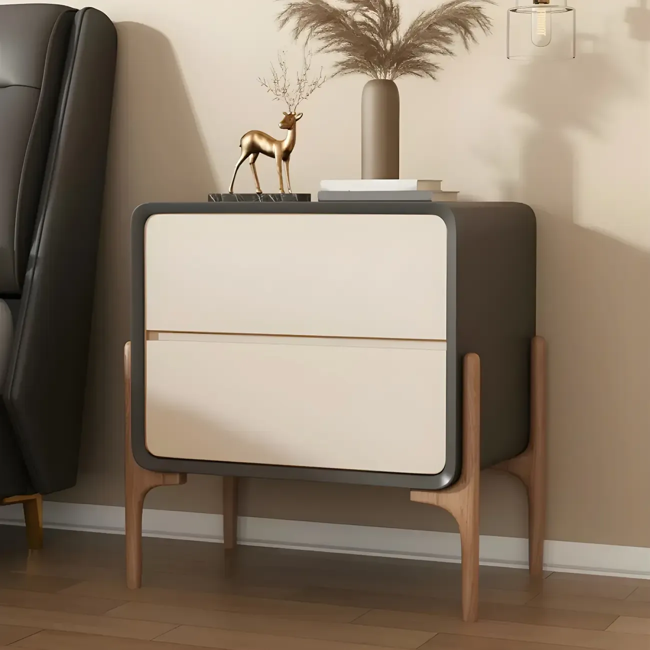 Morandi Cubic Leather Wood Small Bedside Table Image - 10