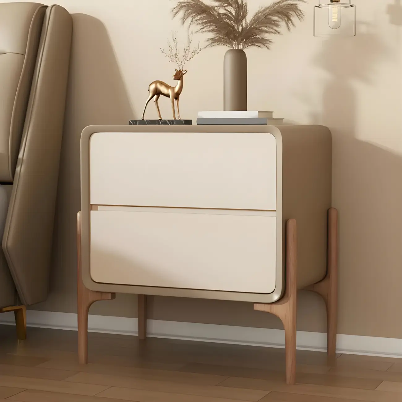 Morandi Cubic Leather Wood Small Bedside Table Image - 11 | homeyfad