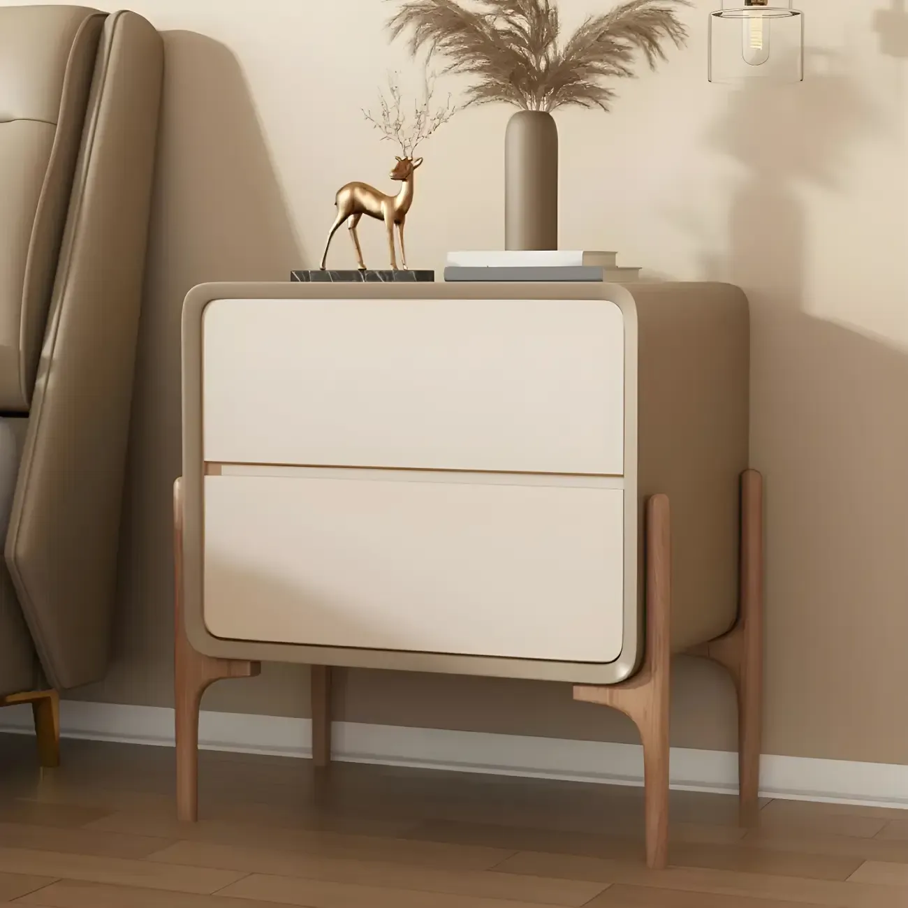 Morandi Cubic Leather Wood Small Bedside Table Image - 11