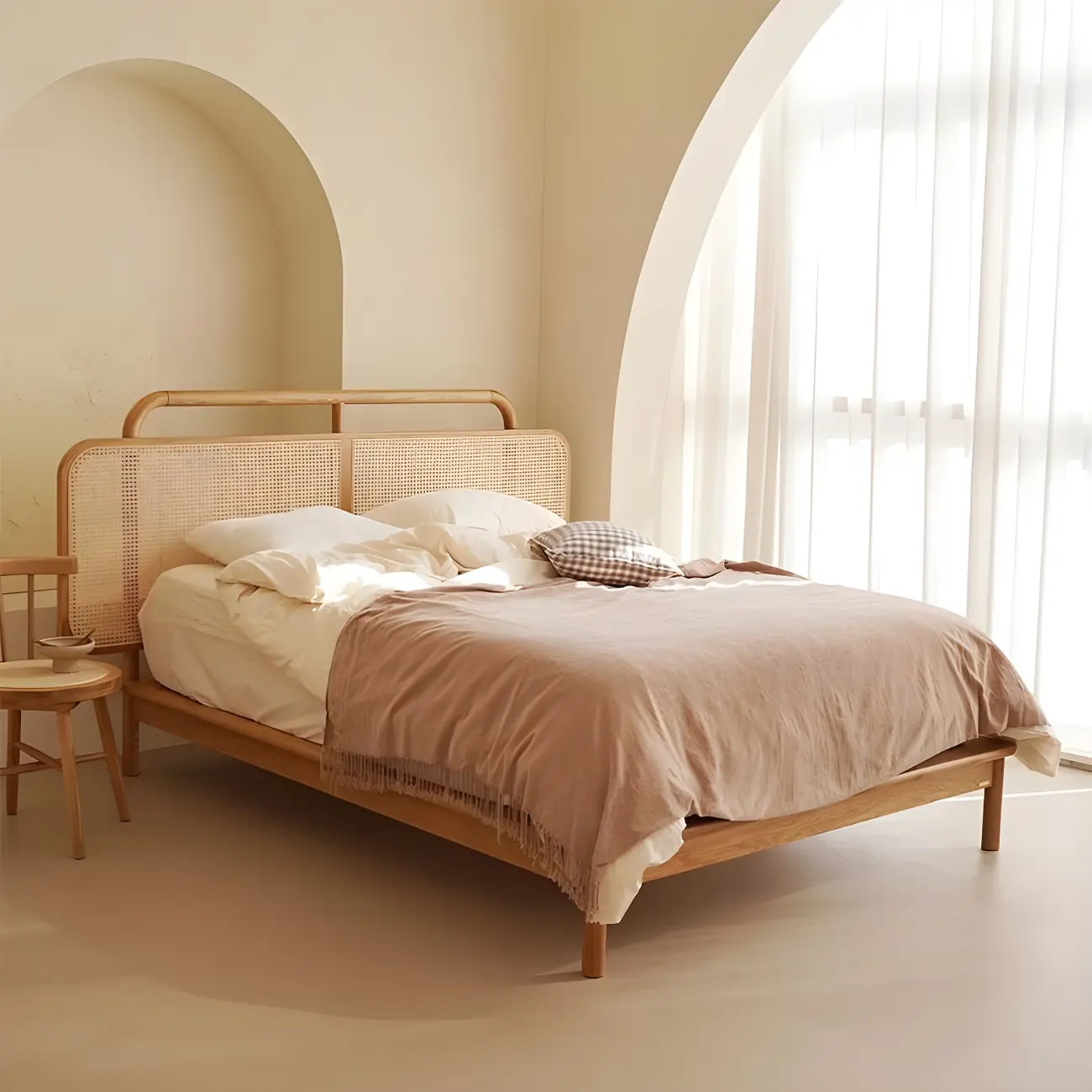 Tropical Wood Platform Bed Frame with Wicker Headboard Image - 1 | homeyfad
