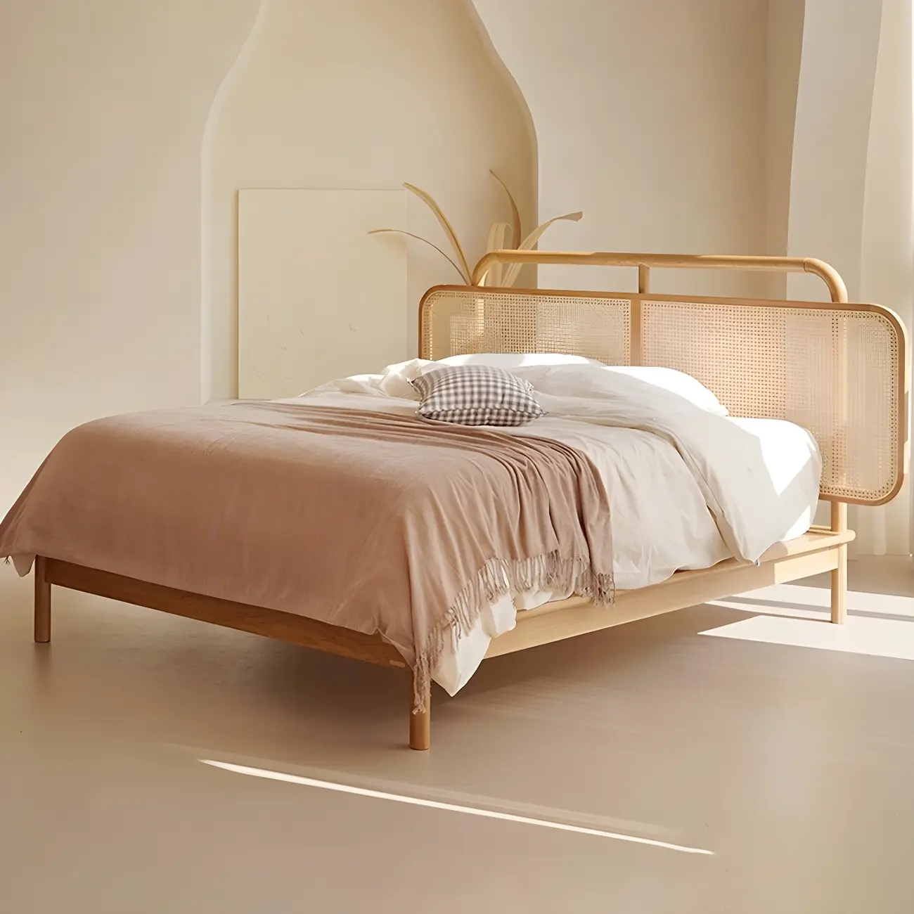 Tropical Wood Platform Bed Frame with Wicker Headboard Image - 2 | homeyfad