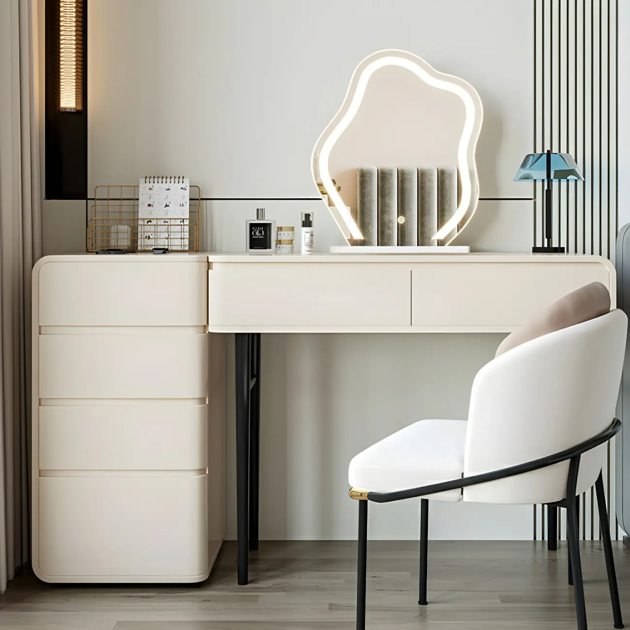 White Wood Mirroed Makeup Vanity Set with Storage Image - 1 | homeyfad