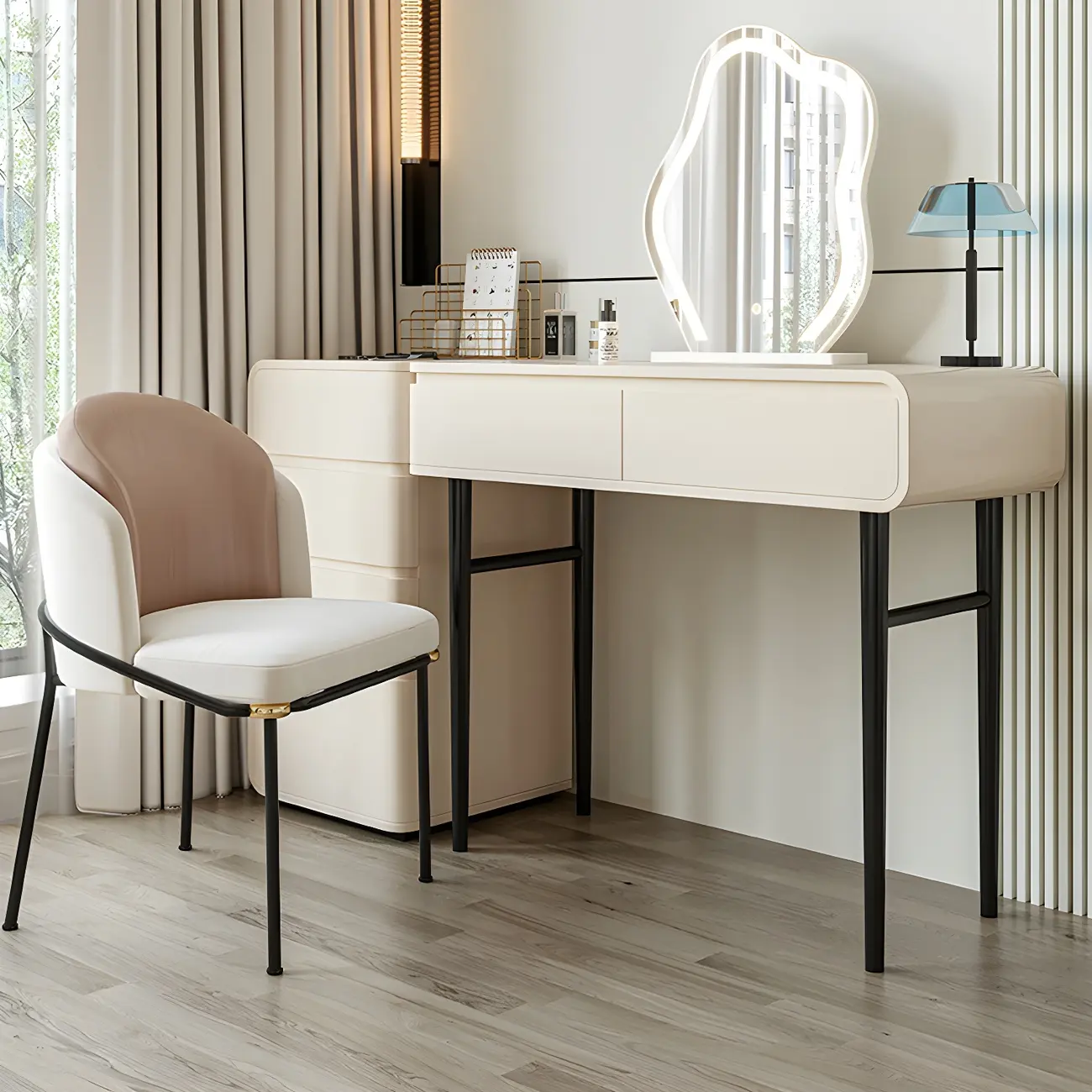 White Wood Mirroed Makeup Vanity Set with Storage Image - 2 | homeyfad