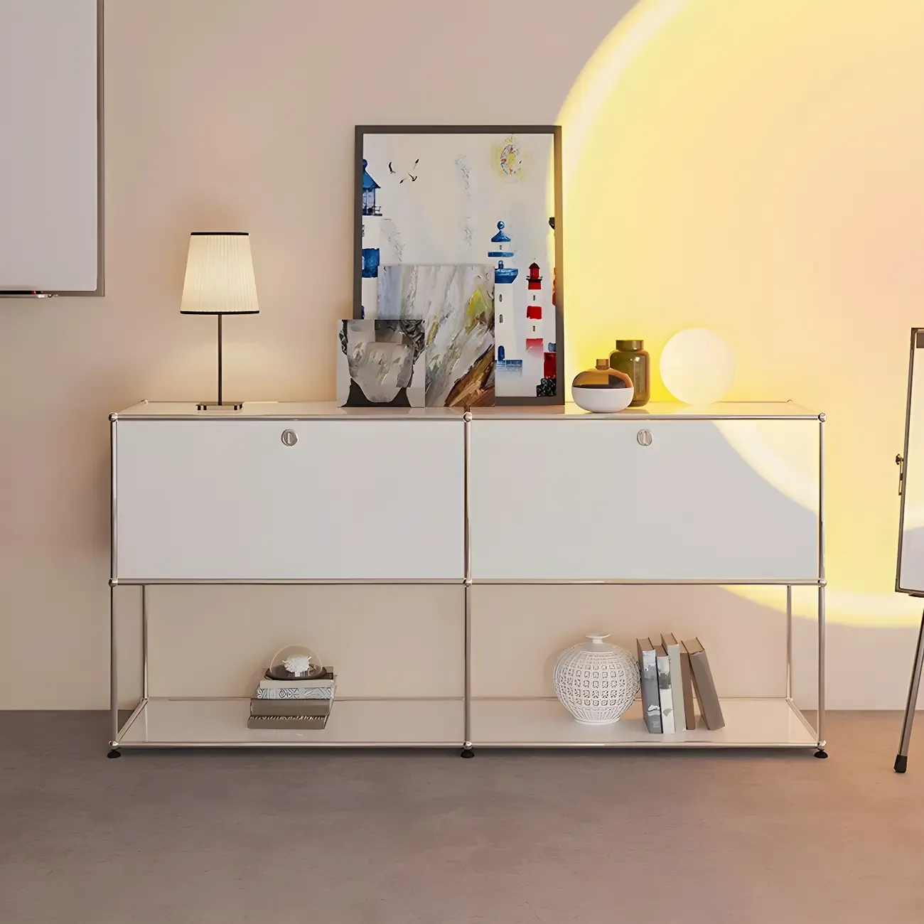 Minimalist White Wooden Dresser with Stainless Frame for Home Image - 1