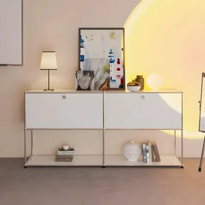 Minimalist White Wooden Dresser with Stainless Frame for Home Image - 1