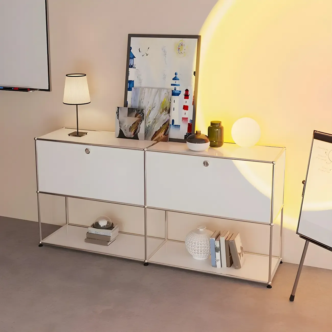 Minimalist White Wooden Dresser with Stainless Frame for Home Image - 4