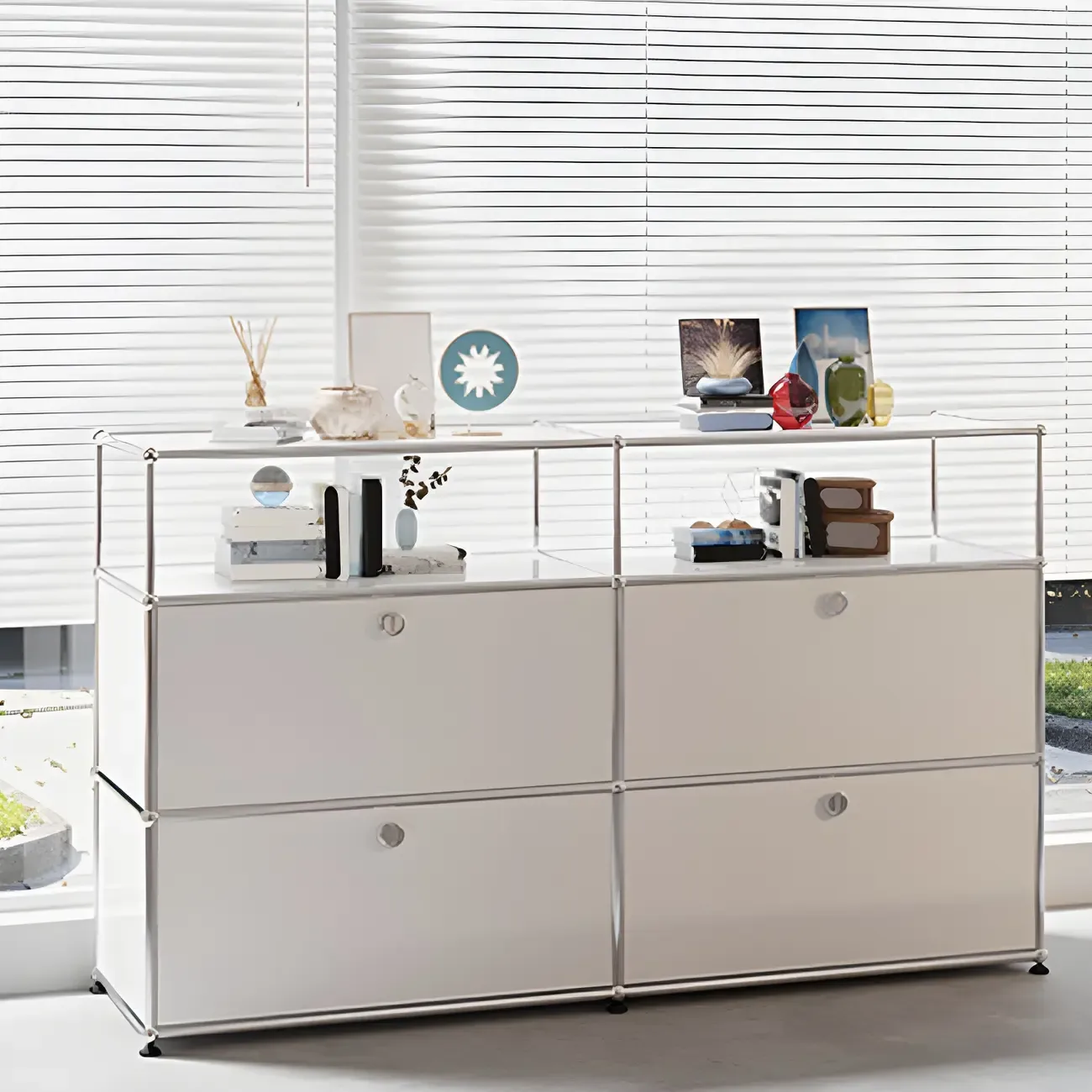 Minimalist White Wooden Dresser with Stainless Frame for Home Image - 6
