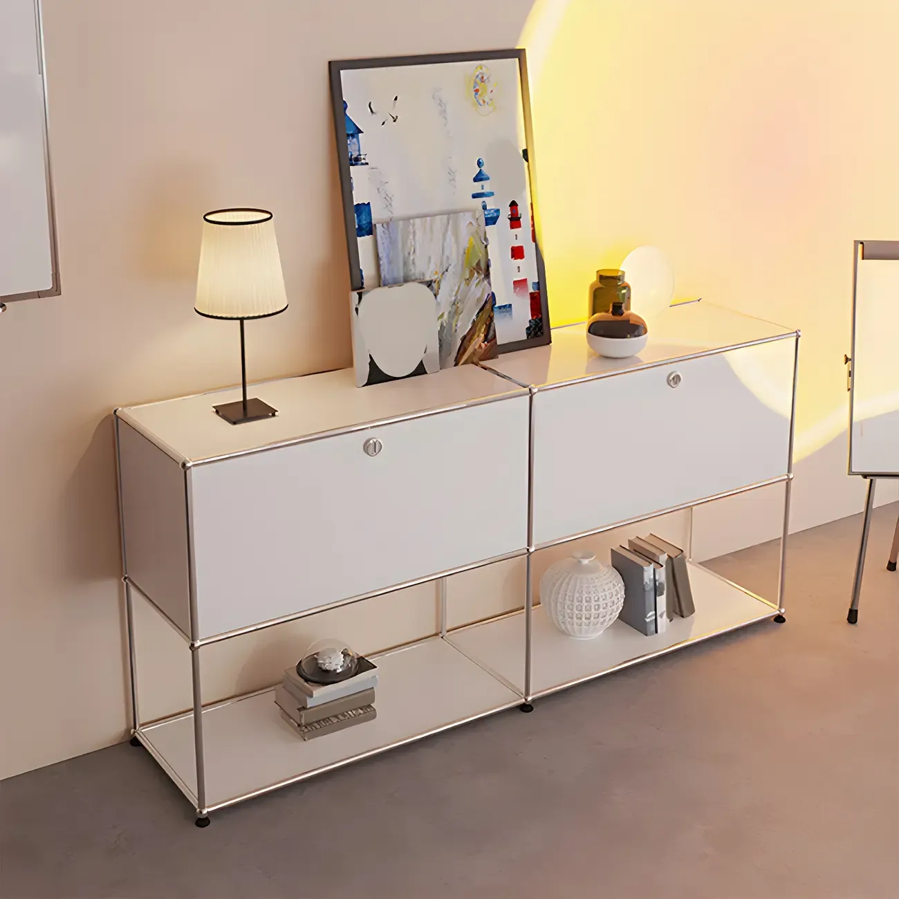 Minimalist White Wooden Dresser with Stainless Frame for Home Image - 8