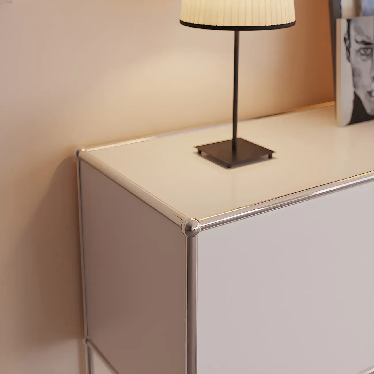 Minimalist White Wooden Dresser with Stainless Frame for Home Image - 11