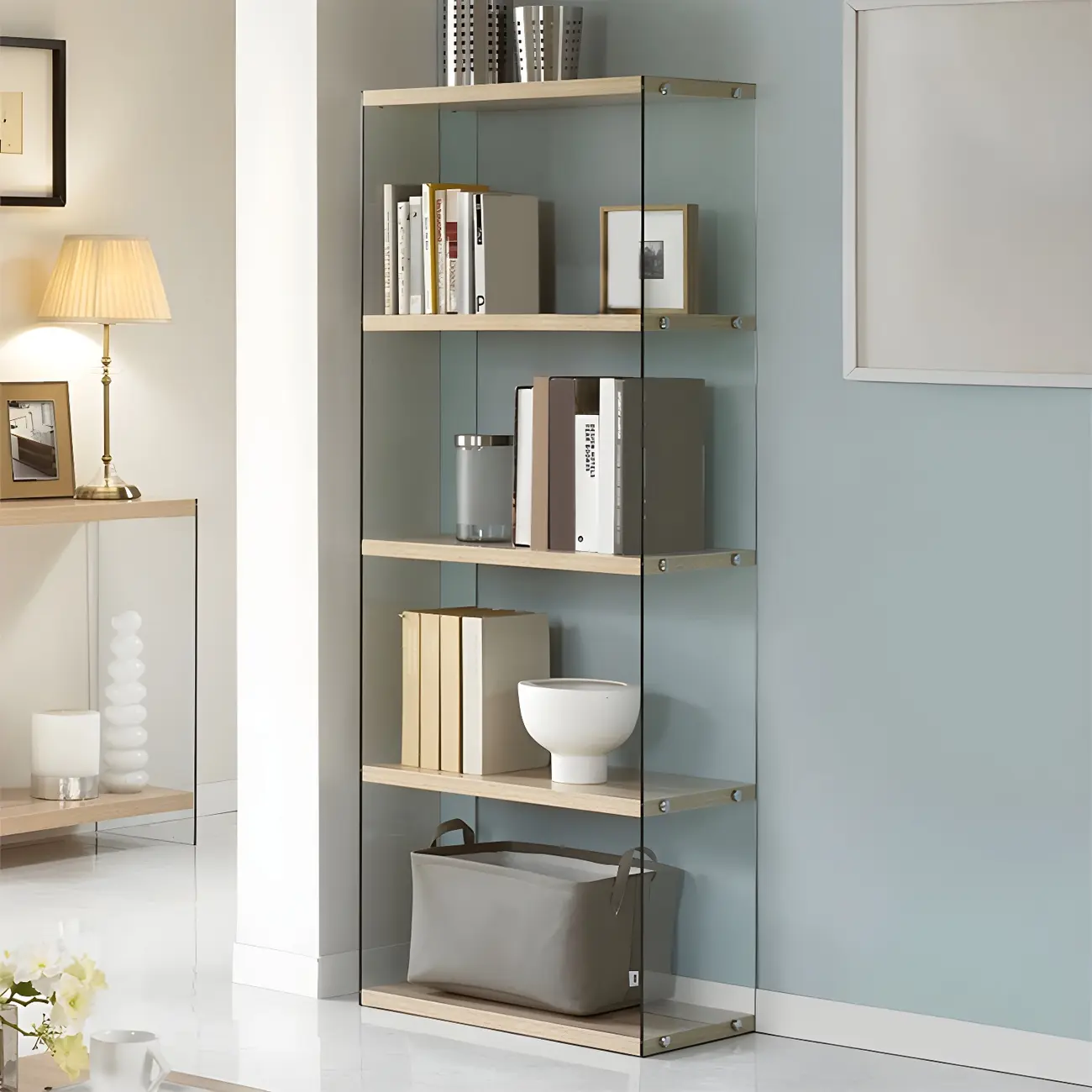 Trendy Glass and Wood Open Display Etagere Bookcase Image - 2 | homeyfad