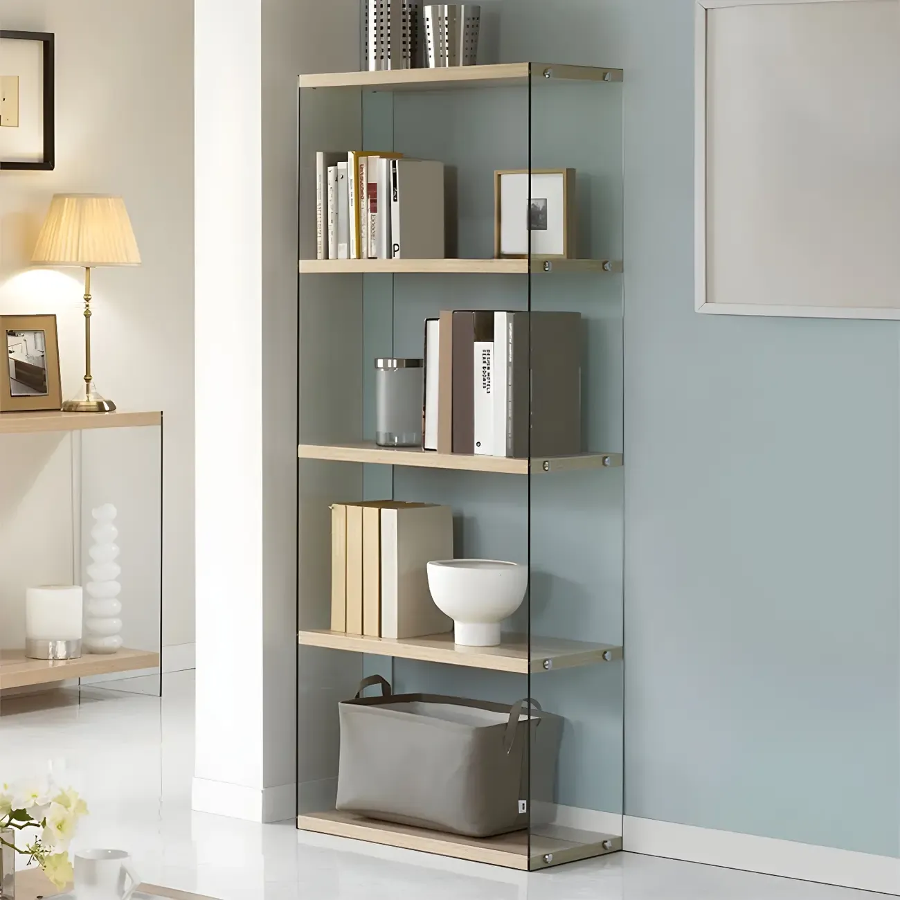 Trendy Glass and Wood Open Display Etagere Bookcase Image - 2