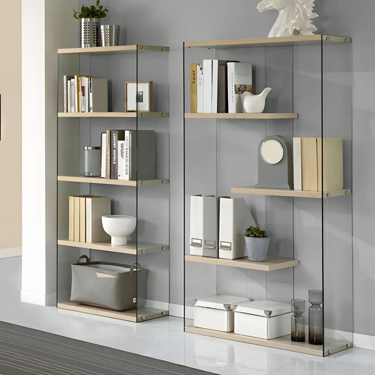 Trendy Glass and Wood Open Display Etagere Bookcase Image - 1 | homeyfad