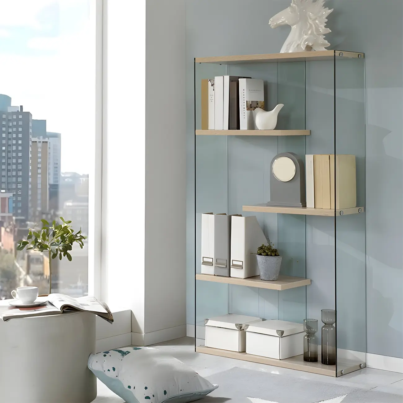 Trendy Glass and Wood Open Display Etagere Bookcase Image - 6 | homeyfad