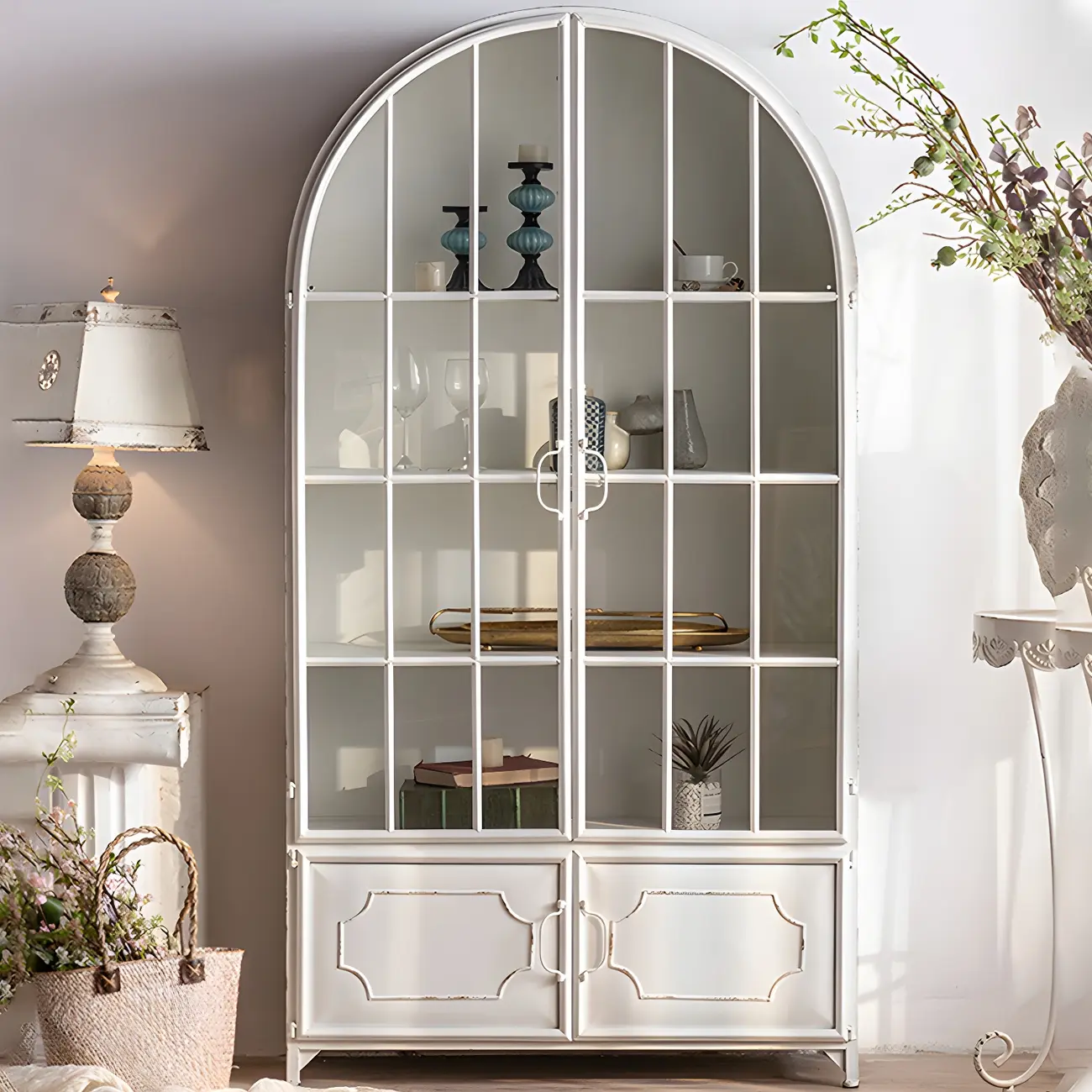 Elegant Arched Metal and Wood Storage Bookcase with Doors Image - 2 | homeyfad