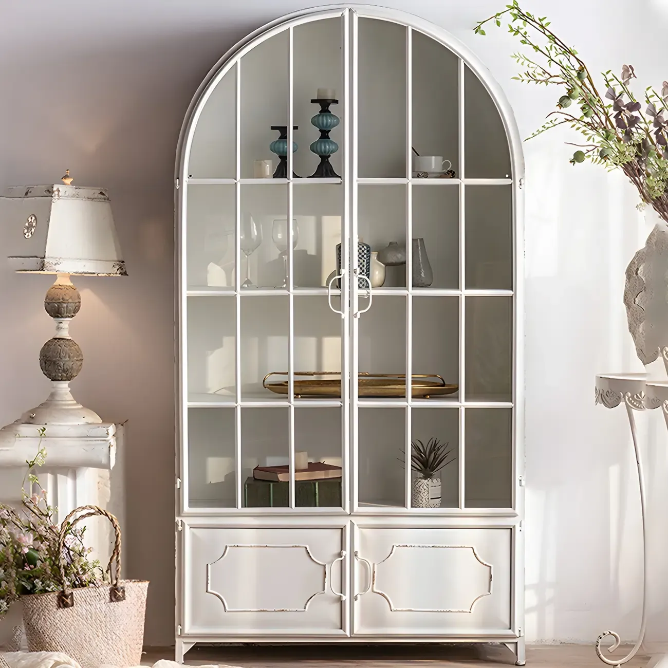 Elegant Arched Metal and Wood Storage Bookcase with Doors Image - 2