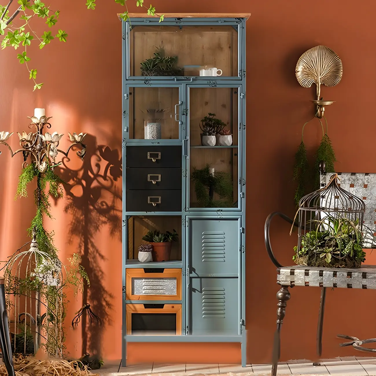 Elegant Arched Metal and Wood Storage Bookcase with Doors Image - 4 | homeyfad