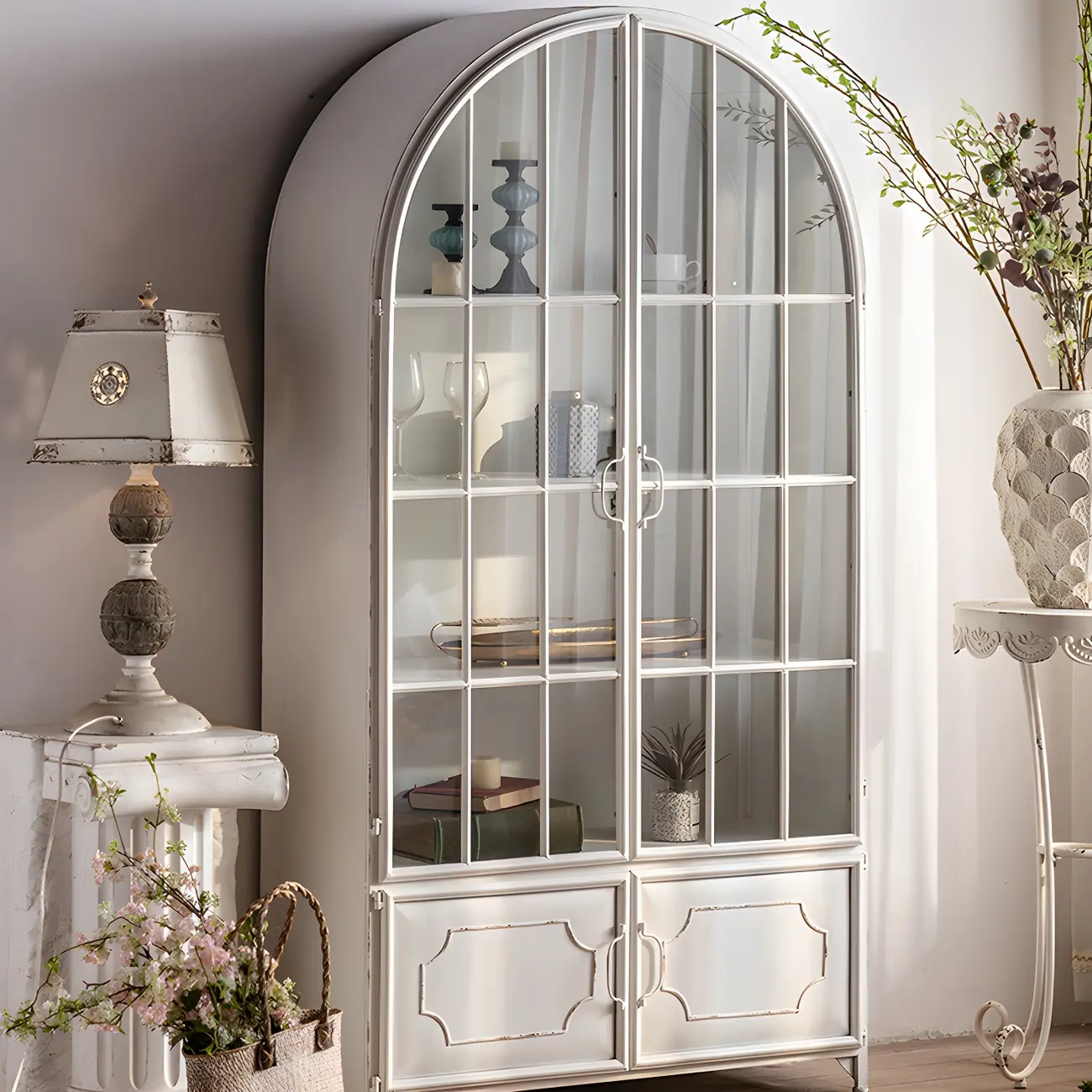 Elegant Arched Metal and Wood Storage Bookcase with Doors Image - 3 | homeyfad