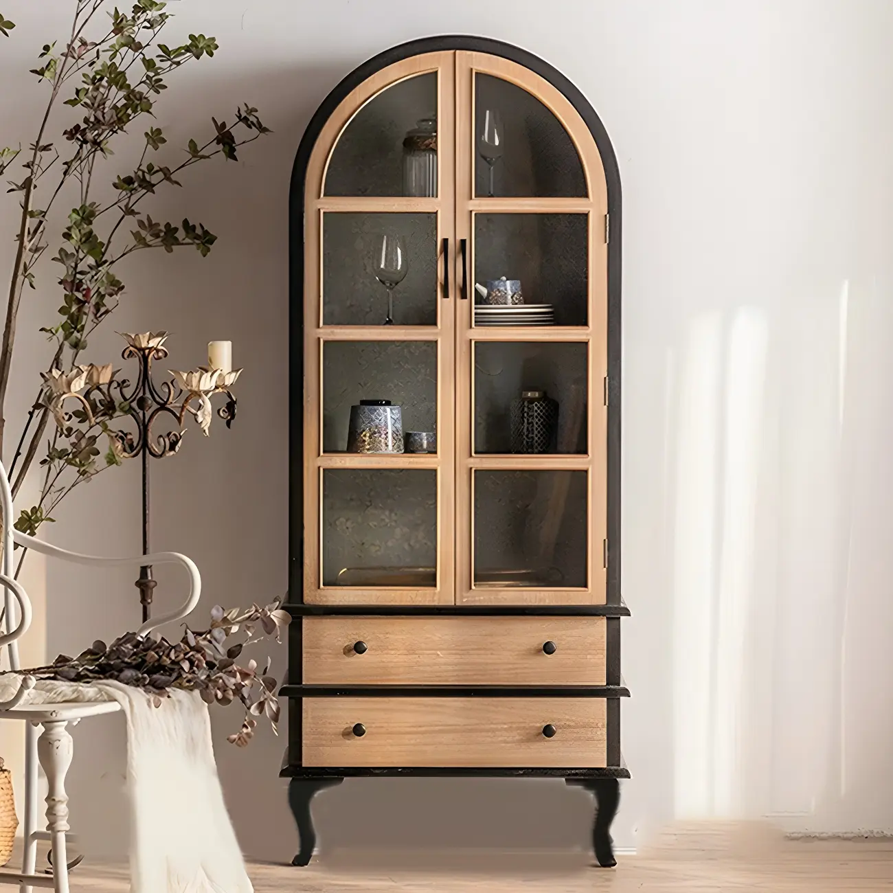 Elegant Arched Metal and Wood Storage Bookcase with Doors Image - 6 | homeyfad