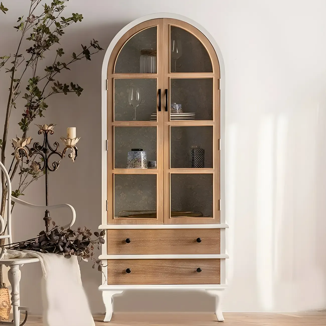 Elegant Arched Metal and Wood Storage Bookcase with Doors Image - 7