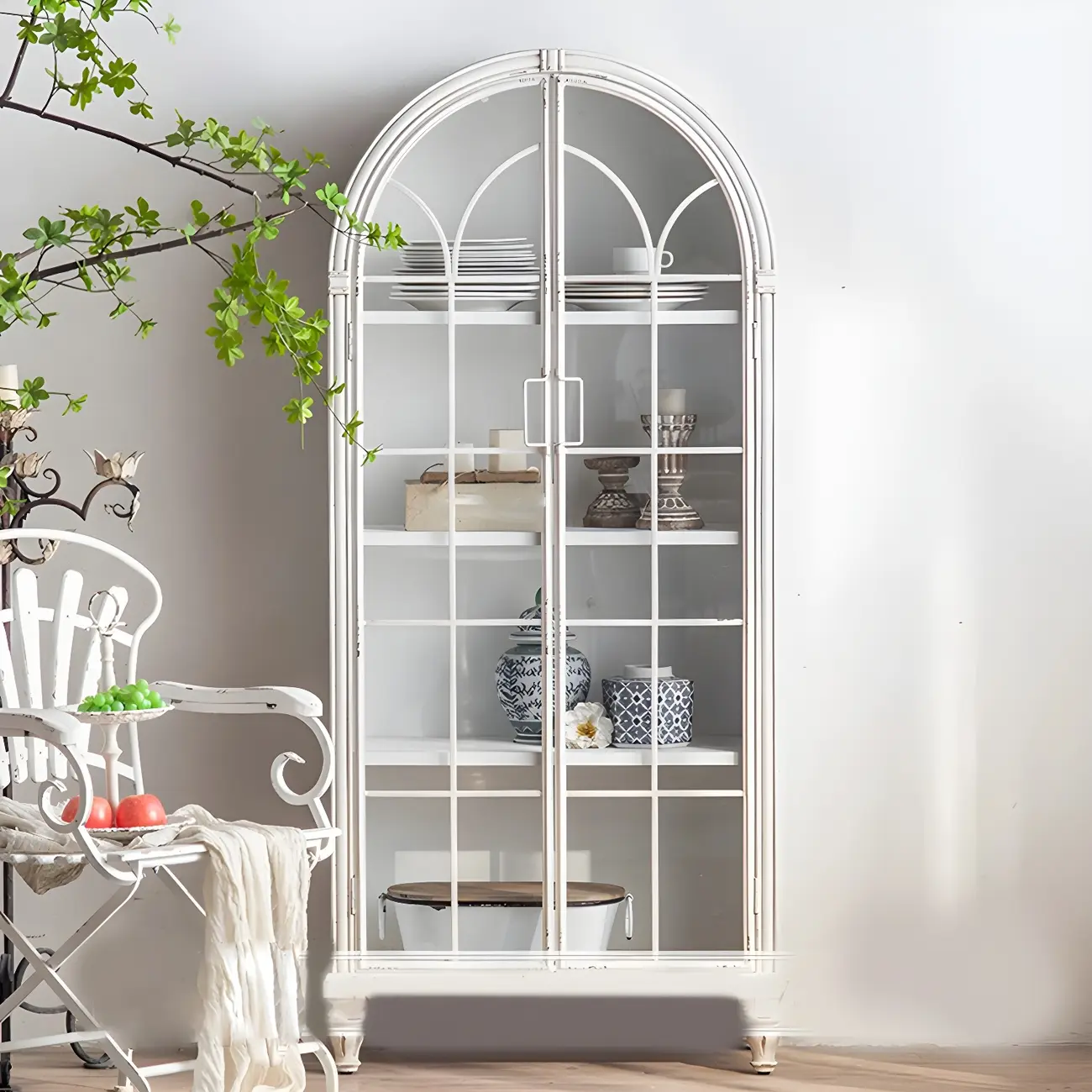 Elegant Arched Metal and Wood Storage Bookcase with Doors Image - 9 | homeyfad