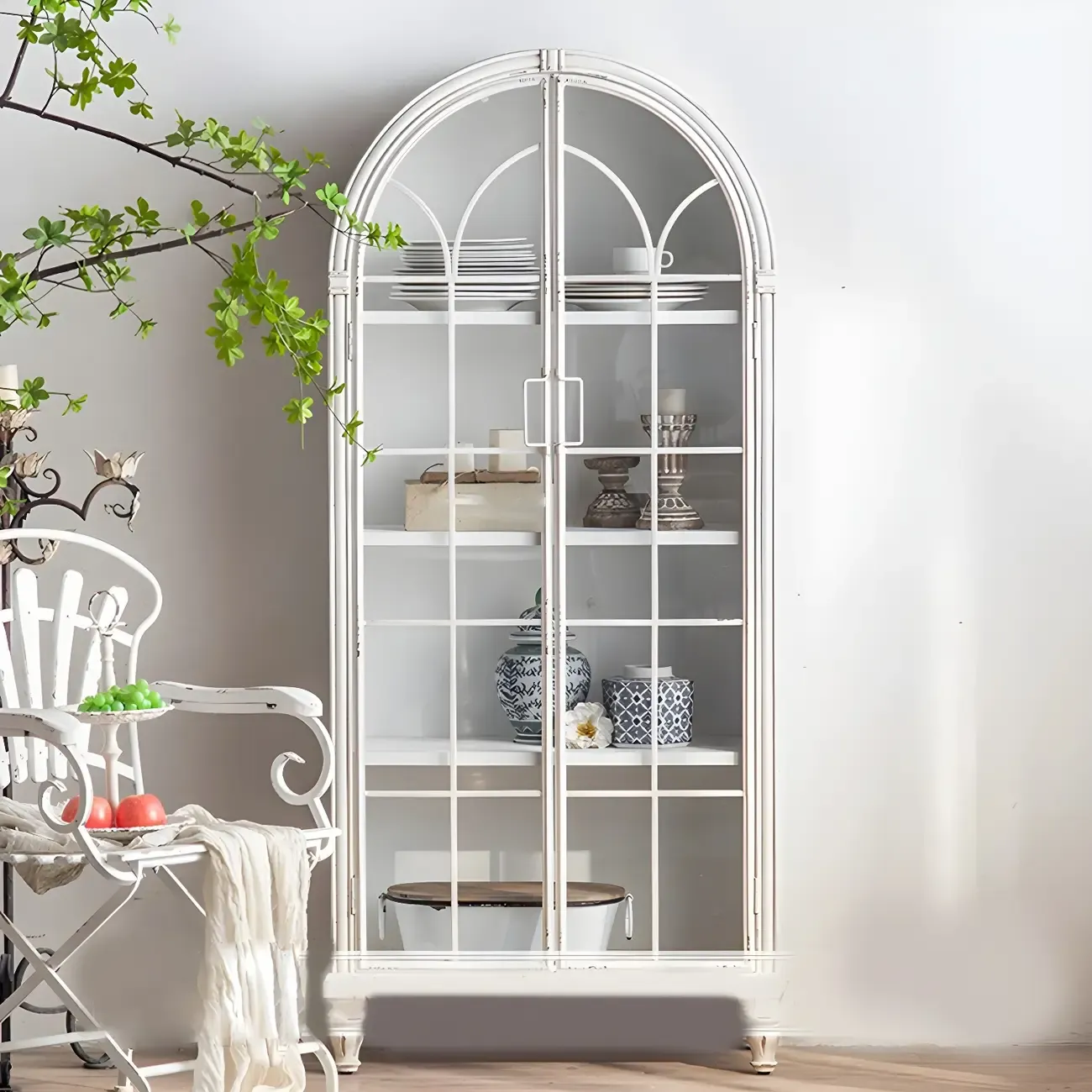 Elegant Arched Metal and Wood Storage Bookcase with Doors Image - 9
