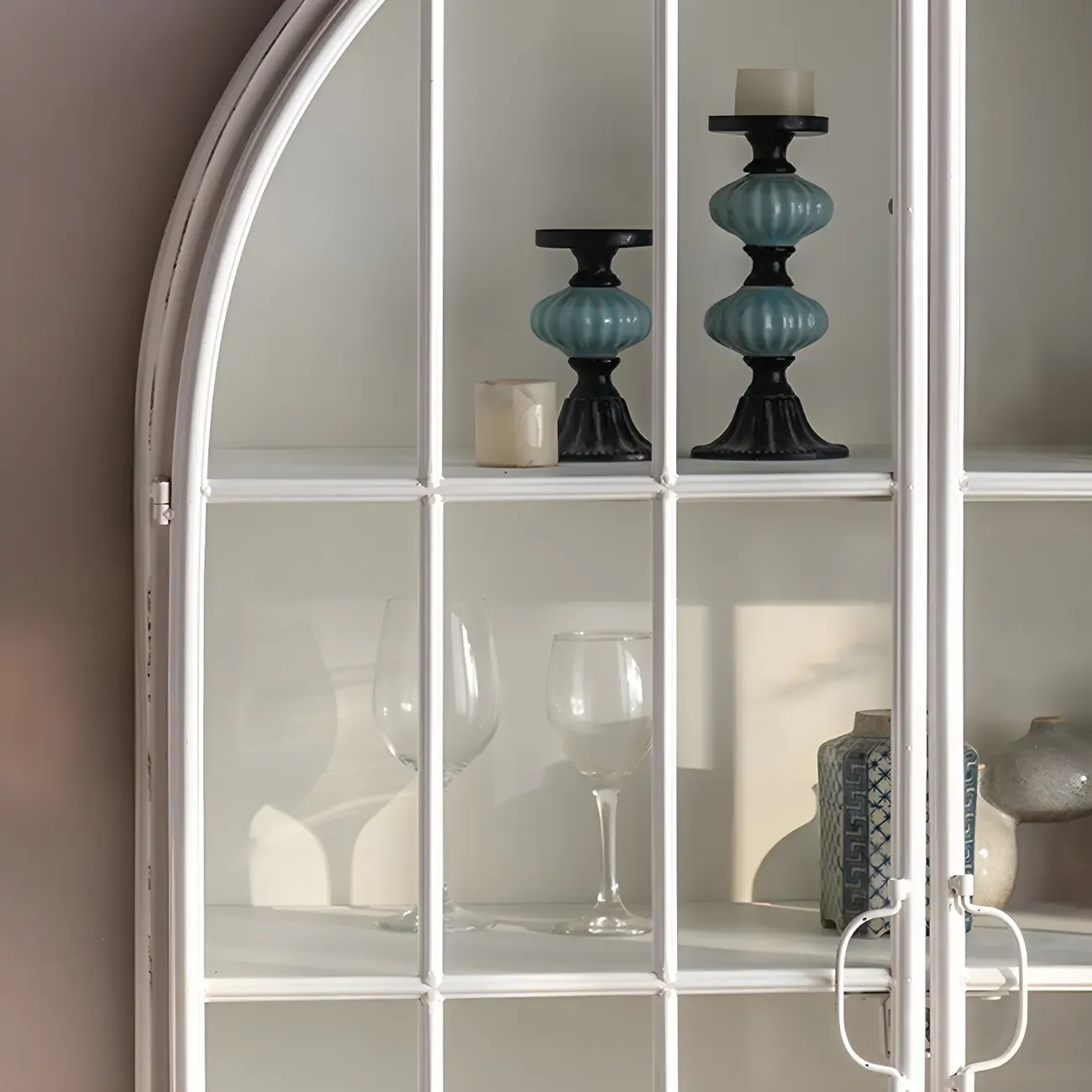 Elegant Arched Metal and Wood Storage Bookcase with Doors Image - 13