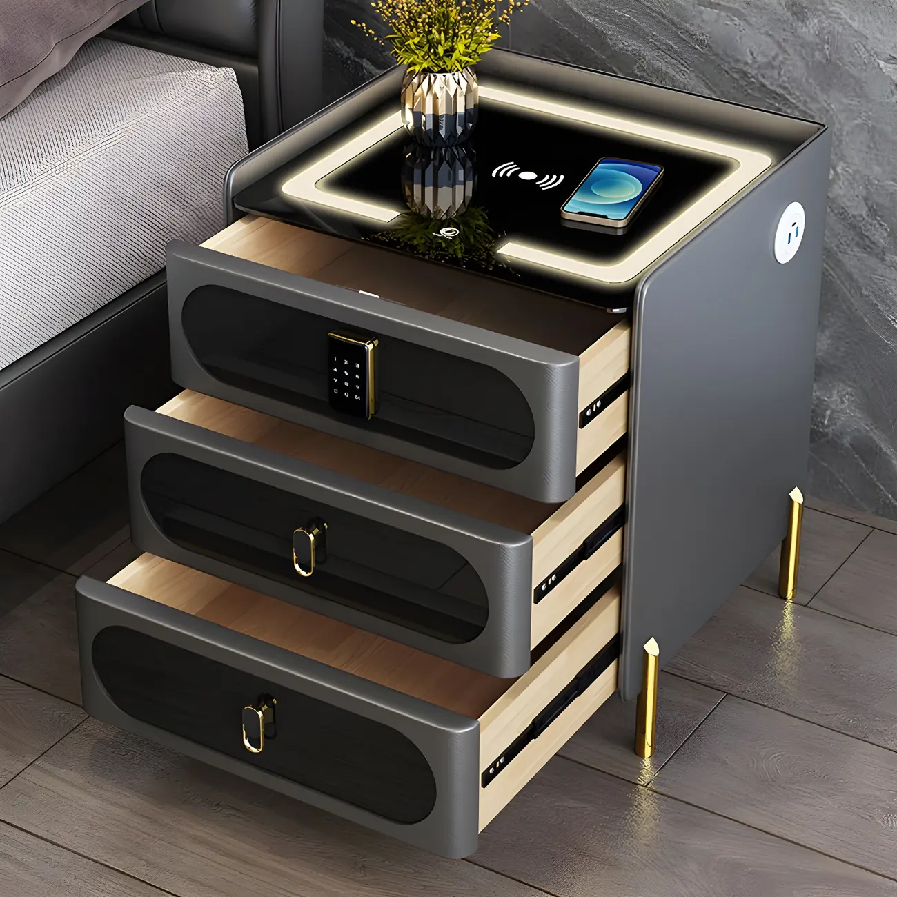 Glam Premium Grey Wood Leather 3 Drawers  Smart Nightstand Image - 2 | homeyfad