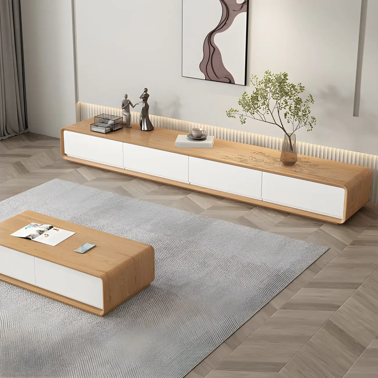 79" Natural Wood Long Floating TV Stand with Drawers | HomeyFad