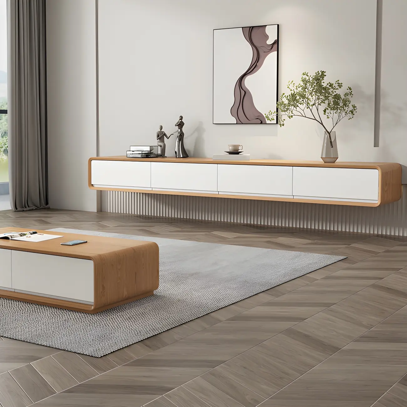 Modern Wooden Floating TV Stand with Drawers Storage for Home Image - 1 | homeyfad