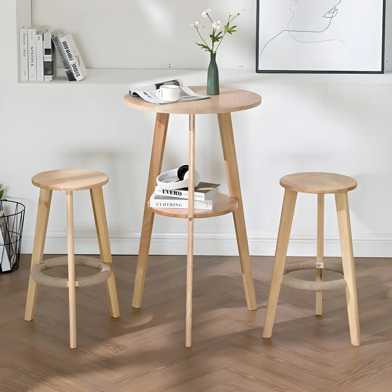 Modern Small Round Bar Height Wood Bar Table with Storage Image - 2